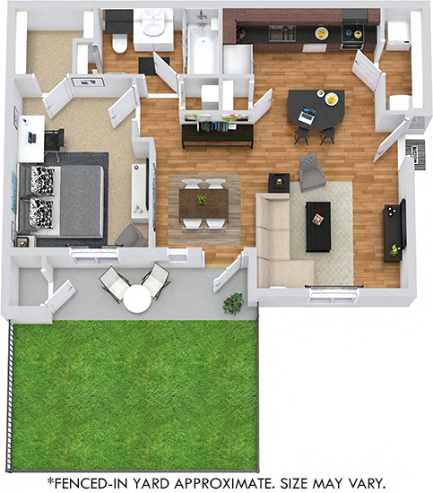 Floor plan for 1 bed, 1 bath, 713 sqft